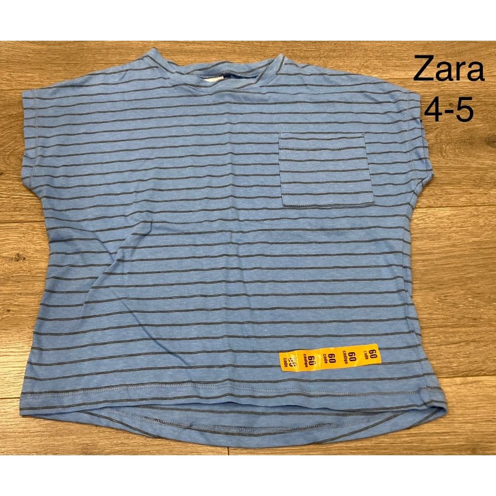 NWOT Zara boys sz 4-5 blue striped boxy pocket short sleeve shirt